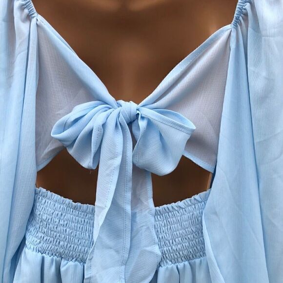 NWT Exlura Baby Blue Mini Dress Lantern Sleeves Tie Back Ruched Waist Size M - Picture 5 of 8